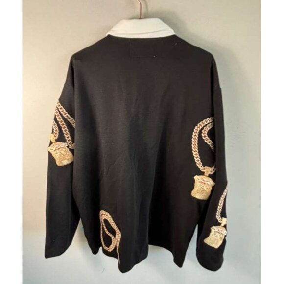 Brigade Mens Jesus Piece Rugby Shirt Black Gold Chain Embroidered Cotton Sze 2XL - Picture 4 of 11